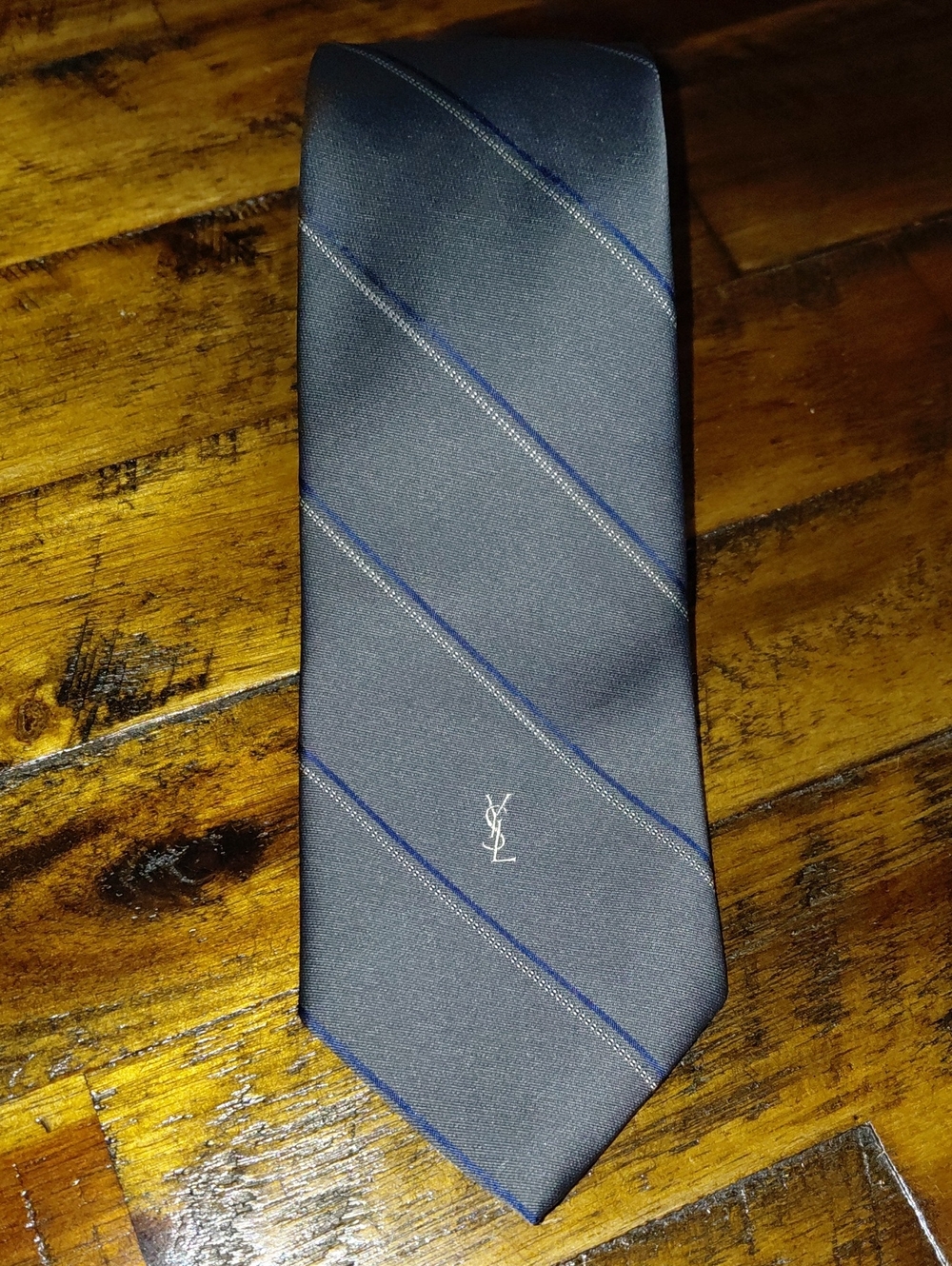 Yves Saint Laurent Vintage Mens Tie Gray with Blue White stripes